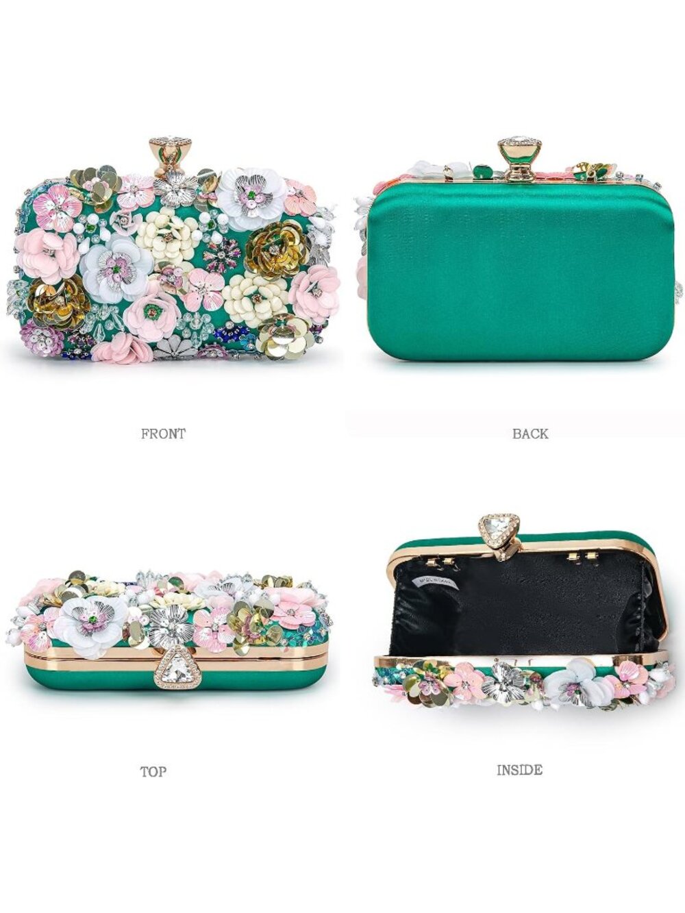 Women's Green Floral Beaded Chain Strap Party Prom Clutch Purse Evening Bag - Picture 2 of 7